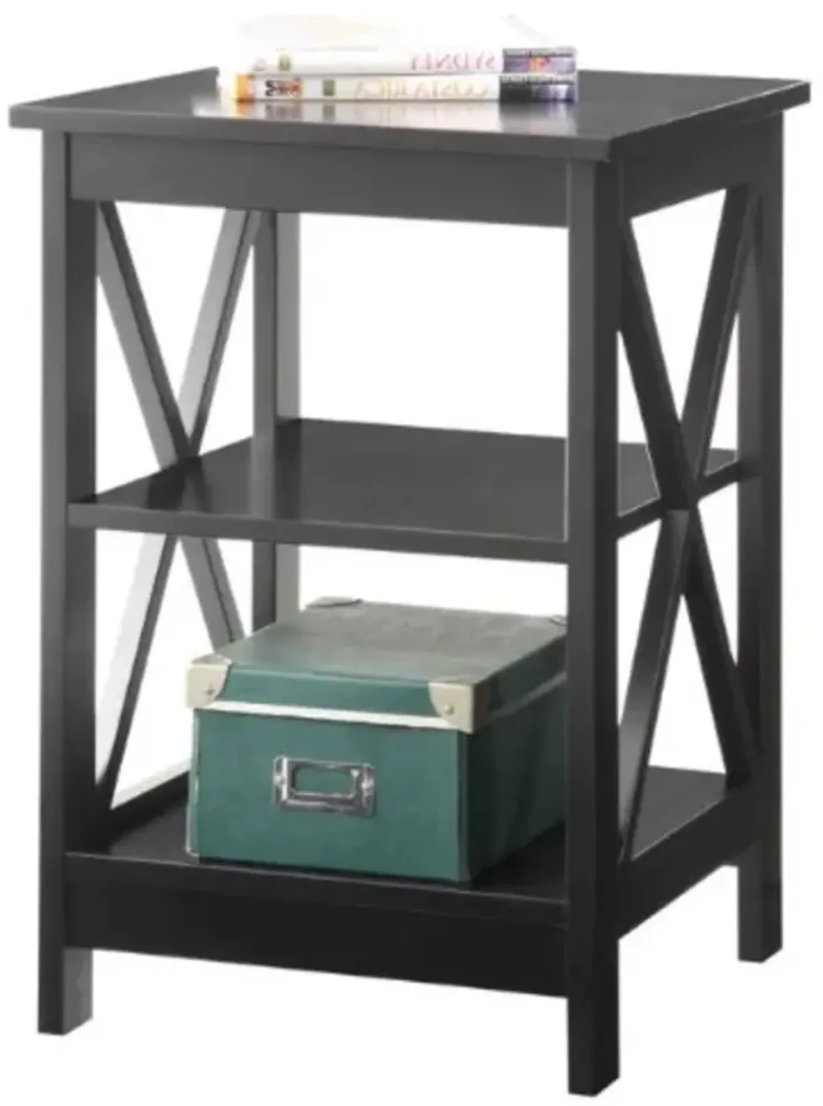 Hivvago Black Wood X-Design End Table Nightstand with 3 Open Shelves