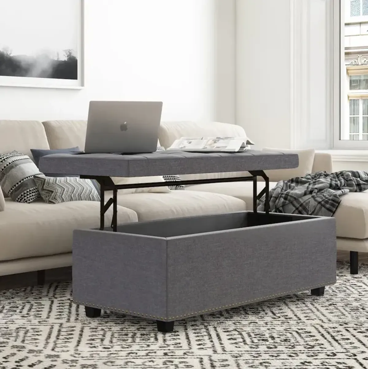 Simpli Home Hamilton Lift Top Rectangular Storage Ottoman In Slate Grey Linen Look Fabric