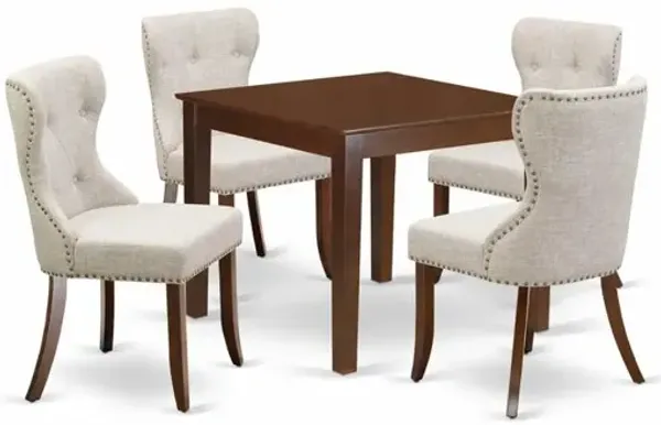 East West Furniture East-West Furniture OXSI5-MAH-35 - A kitchen table set of 4 wonderful indoor dining chairs using Linen Fabric Doeskin color and a gorgeous Square kitchen table with Mahogany Finish