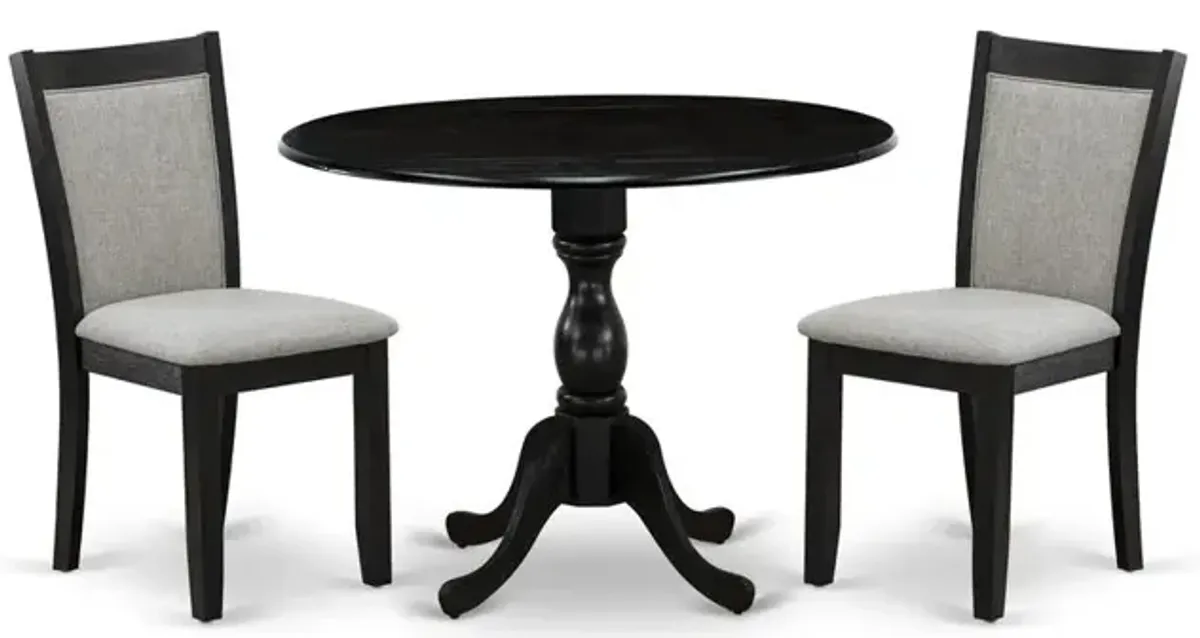 East West Furniture 3-Piece Dining Room Set Includes a Modern Dining Room Table with Drop Leaves and 2 Shitake Linen Fabric Parson Chairs - Wire Brushed Black Finish