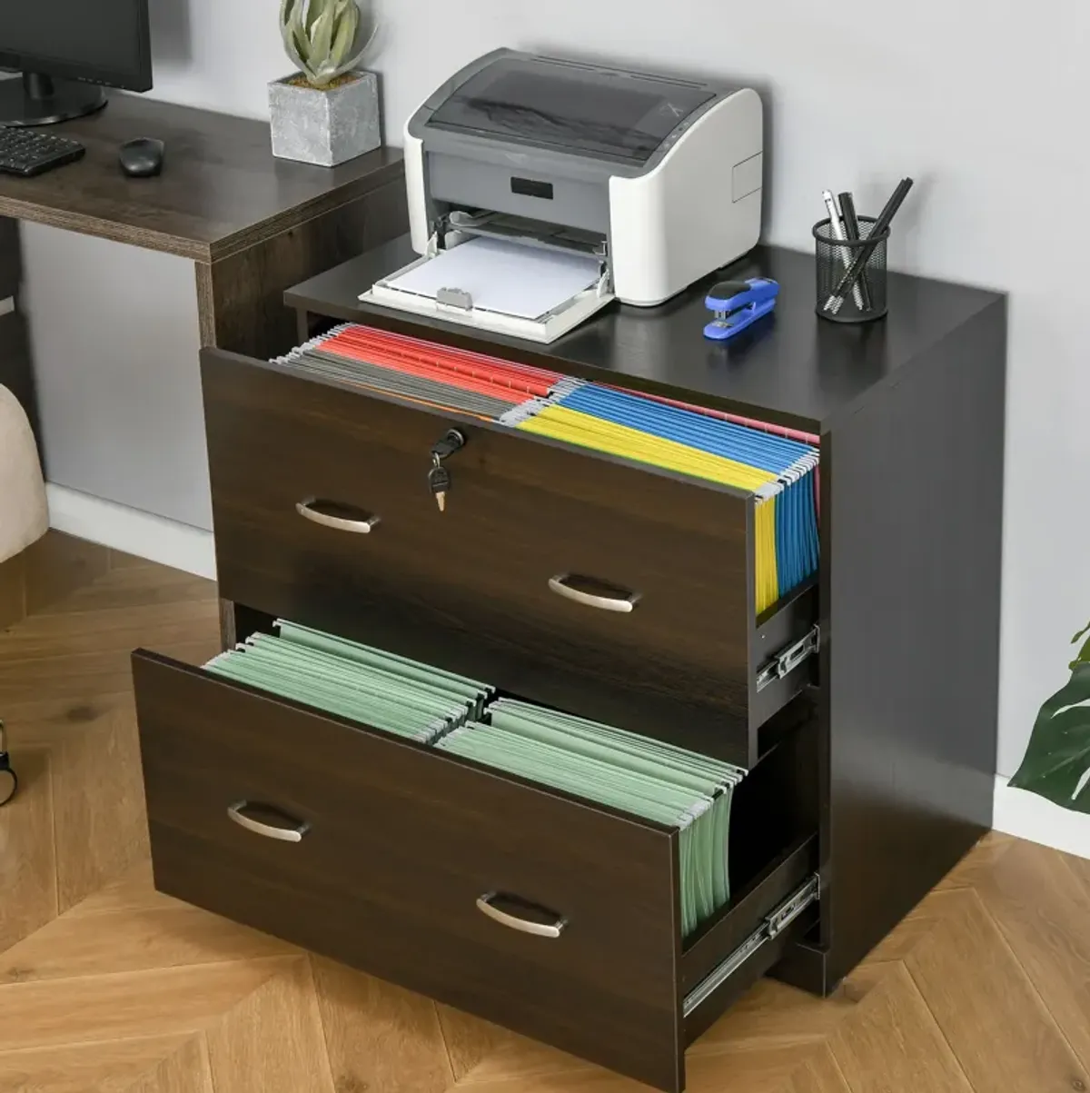 Walnut Office Storage: Lateral Filing Dresser with 2 Lockable Drawers