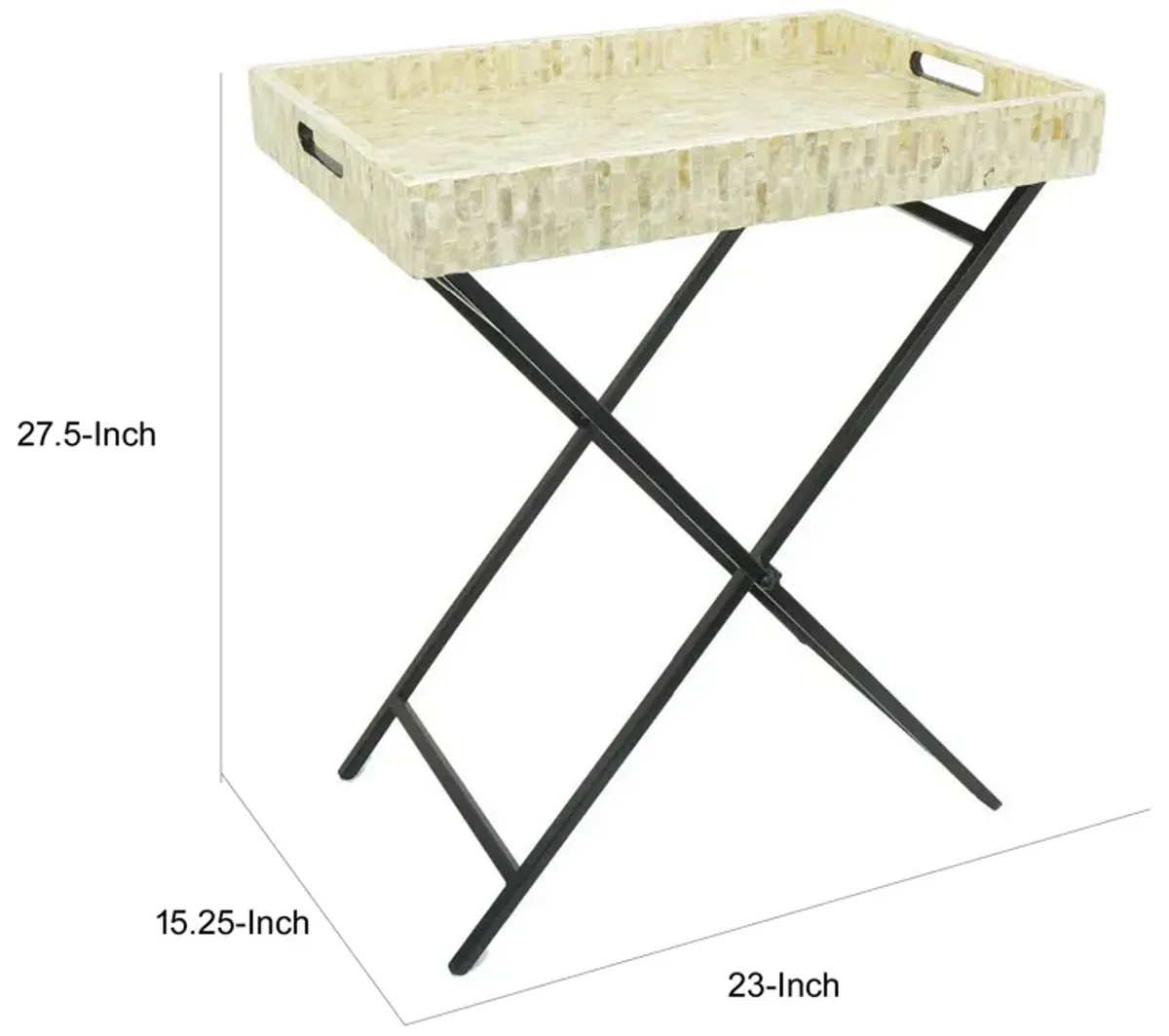 Dain 28 Inch Serving Tray Table, Foldable, Black Metal Stand, White Finish - Benzara