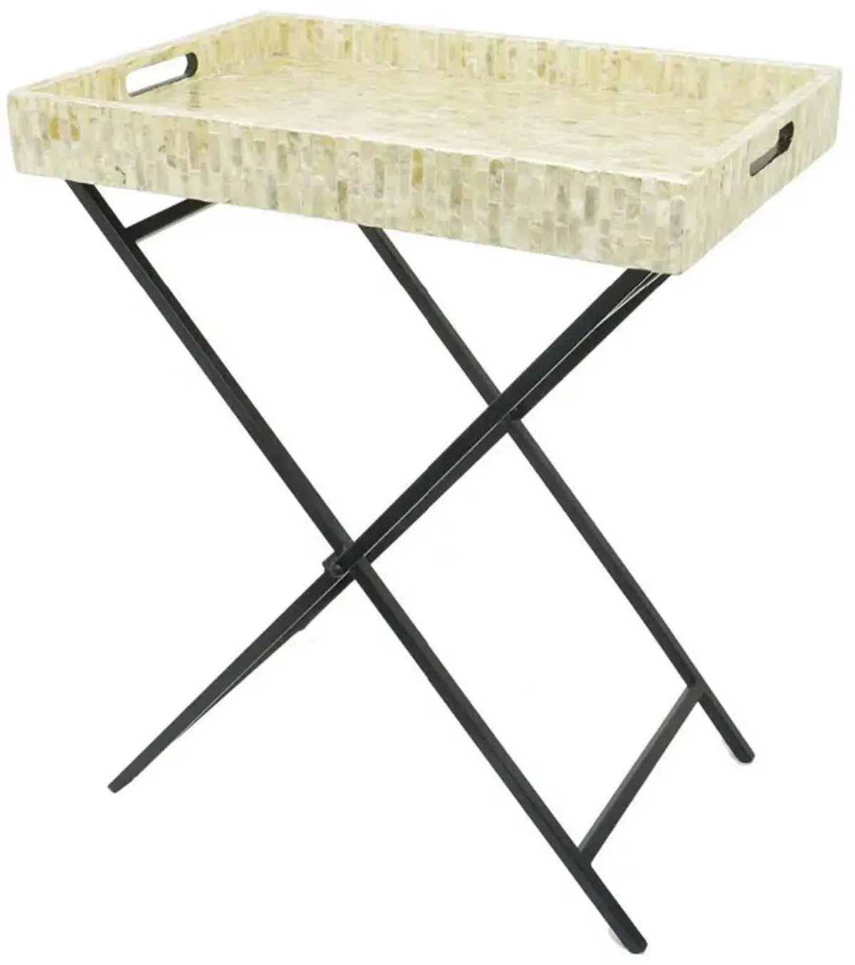 Dain 28 Inch Serving Tray Table, Foldable, Black Metal Stand, White Finish - Benzara