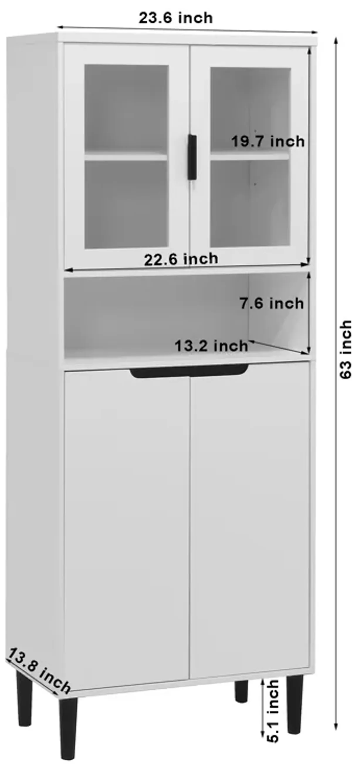 Tall Storage Bookcase with 2 Glass Display Door & 2 Doors, Tall Kitchen Pantry Cabinet with Gold Handles, Modern Cabinet Freestanding Living Room