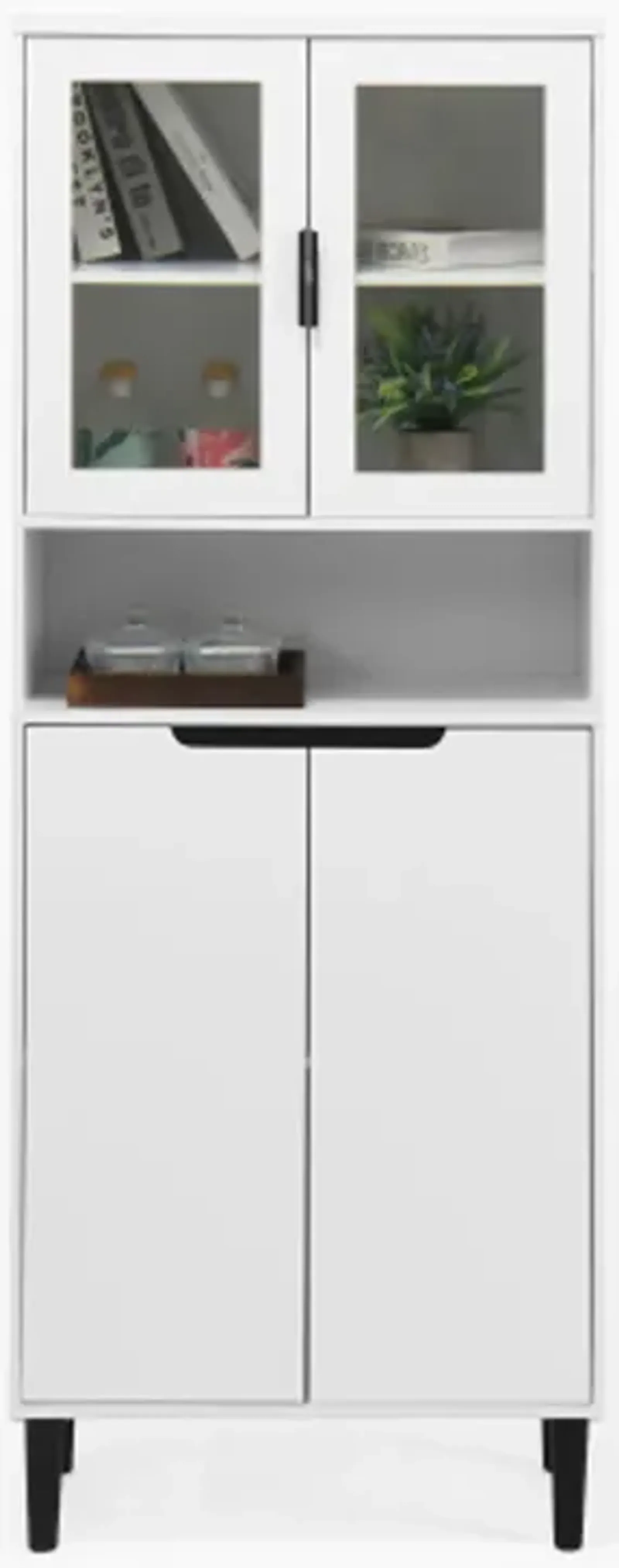 Tall Storage Bookcase with 2 Glass Display Door & 2 Doors, Tall Kitchen Pantry Cabinet with Gold Handles, Modern Cabinet Freestanding Living Room