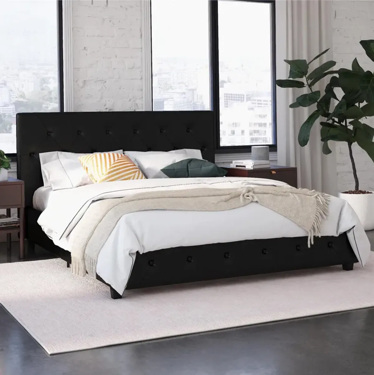 Atwater Living Dana Upholstered Bed, Queen, Black Faux Leather