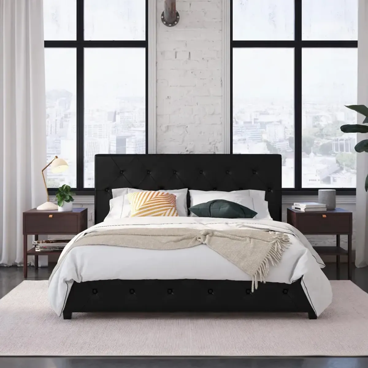 Atwater Living Dana Upholstered Bed, Queen, Black Faux Leather