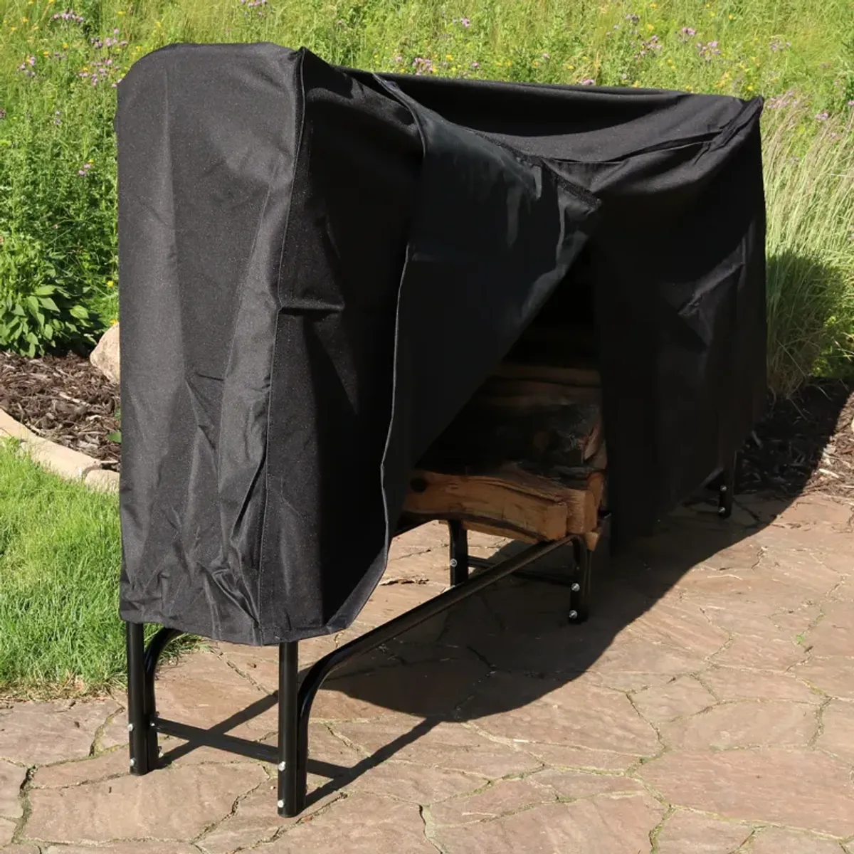 Sunnydaze Powder-Coated Steel Firewood Log Rack and Black Cover