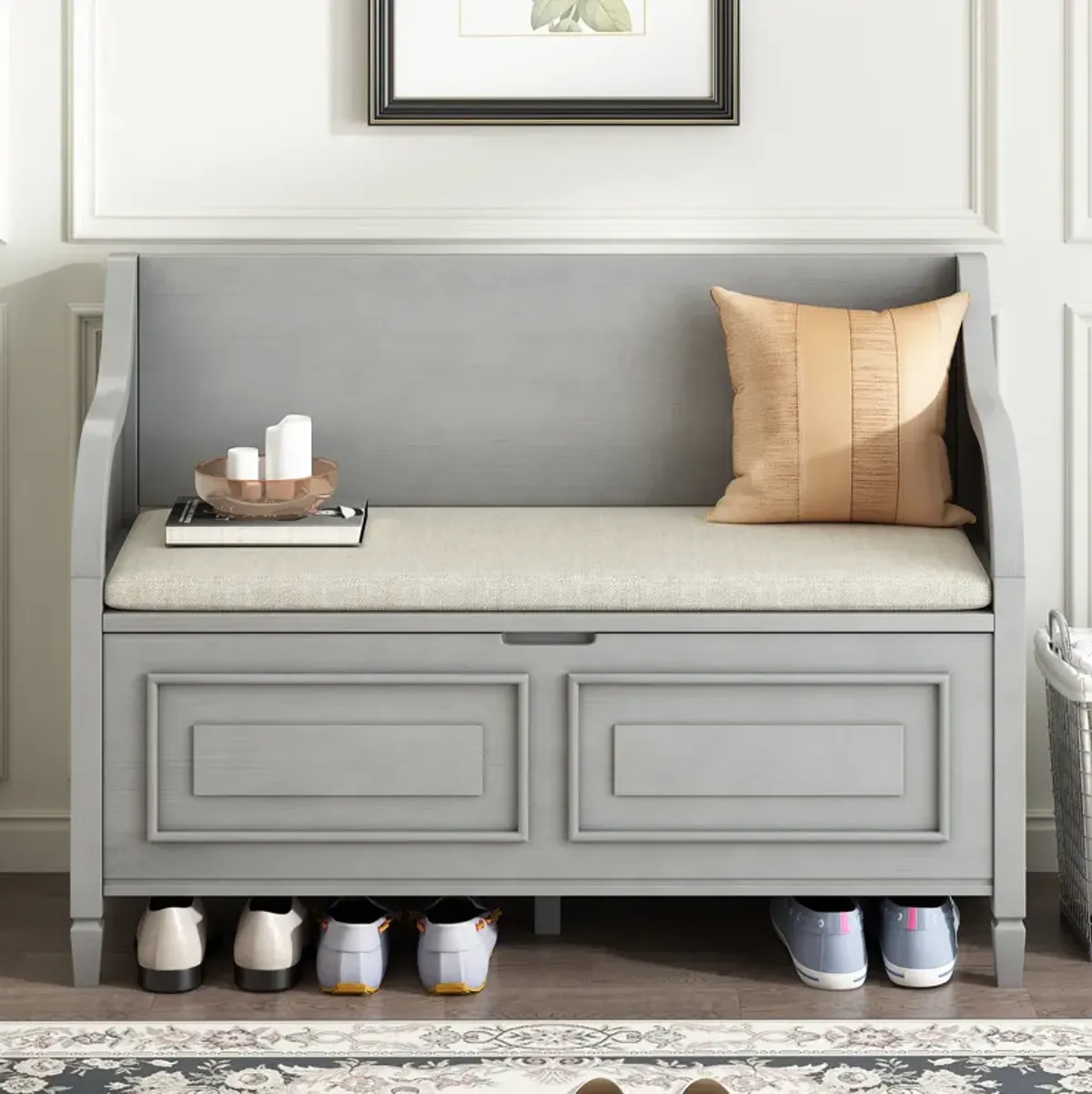 Gewnee Rustic Style Solid wood Entryway Multifunctional Storage Bench with Safety Hinge (Gray Wash+ Beige)