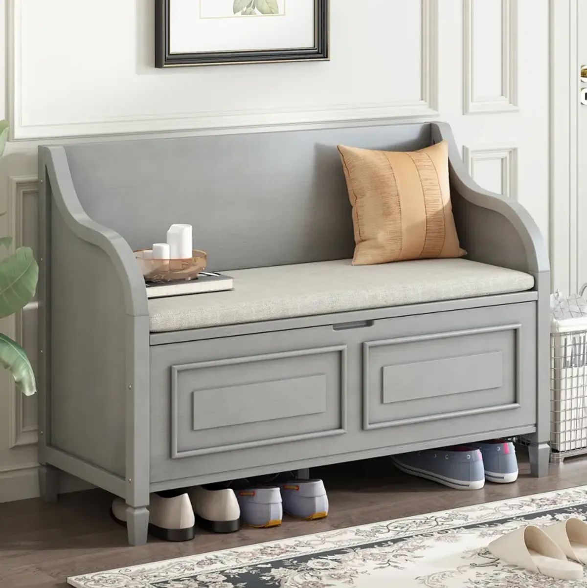 Gewnee Rustic Style Solid wood Entryway Multifunctional Storage Bench with Safety Hinge (Gray Wash+ Beige)