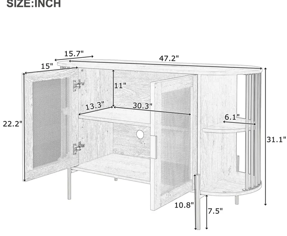 2-Door Elegant Curved Dining Cabinet with Gold Trim and Woven Rattan Doors for Dining Room