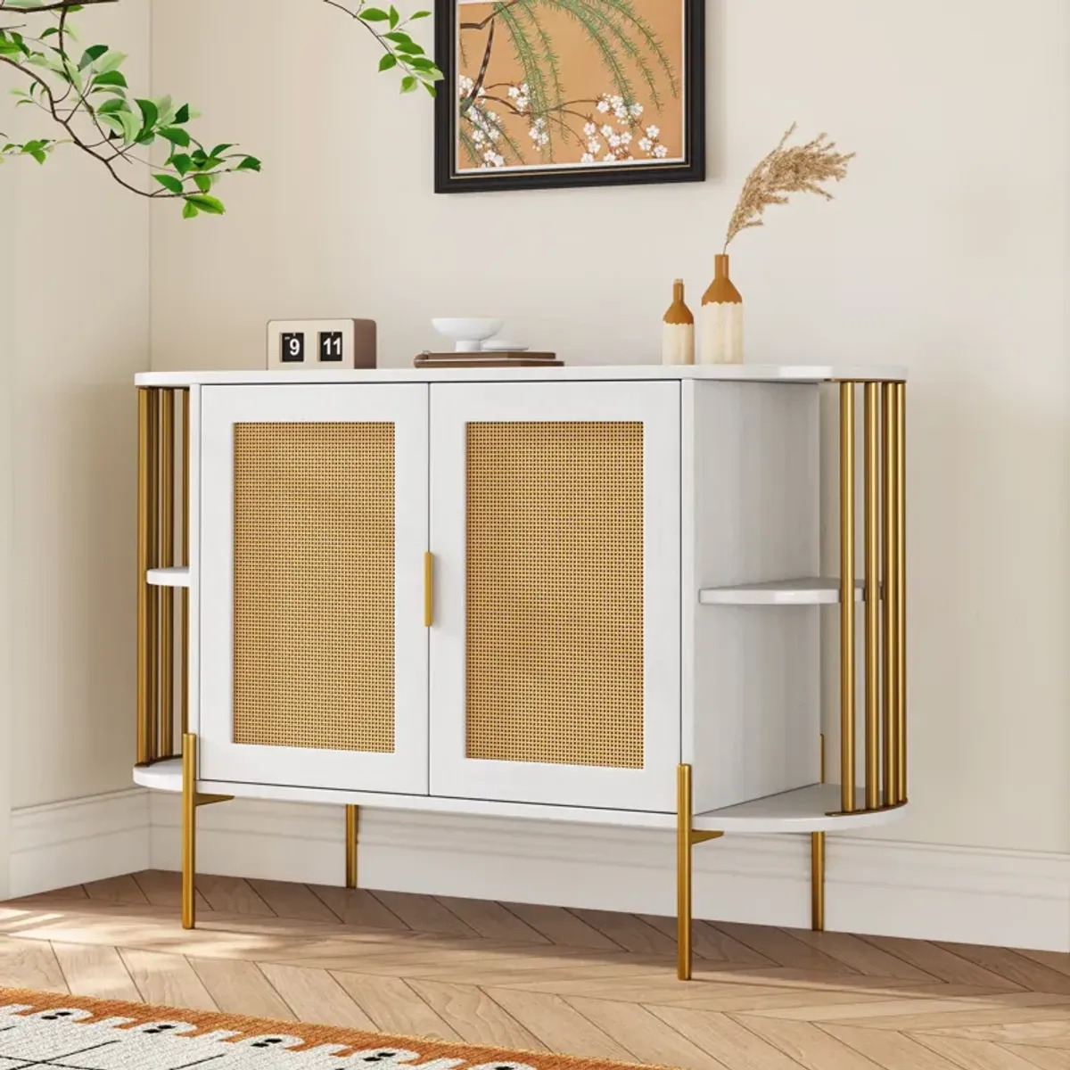 2-Door Elegant Curved Dining Cabinet with Gold Trim and Woven Rattan Doors for Dining Room