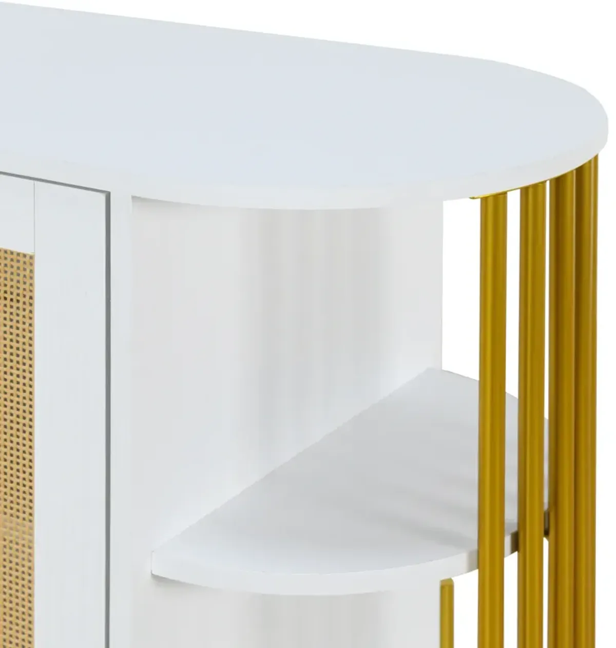 2-Door Elegant Curved Dining Cabinet with Gold Trim and Woven Rattan Doors for Dining Room