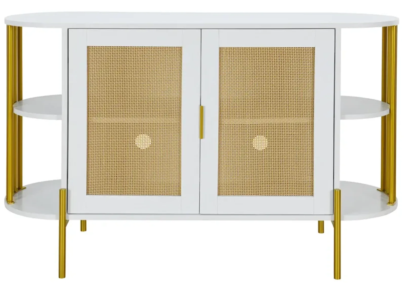 2-Door Elegant Curved Dining Cabinet with Gold Trim and Woven Rattan Doors for Dining Room