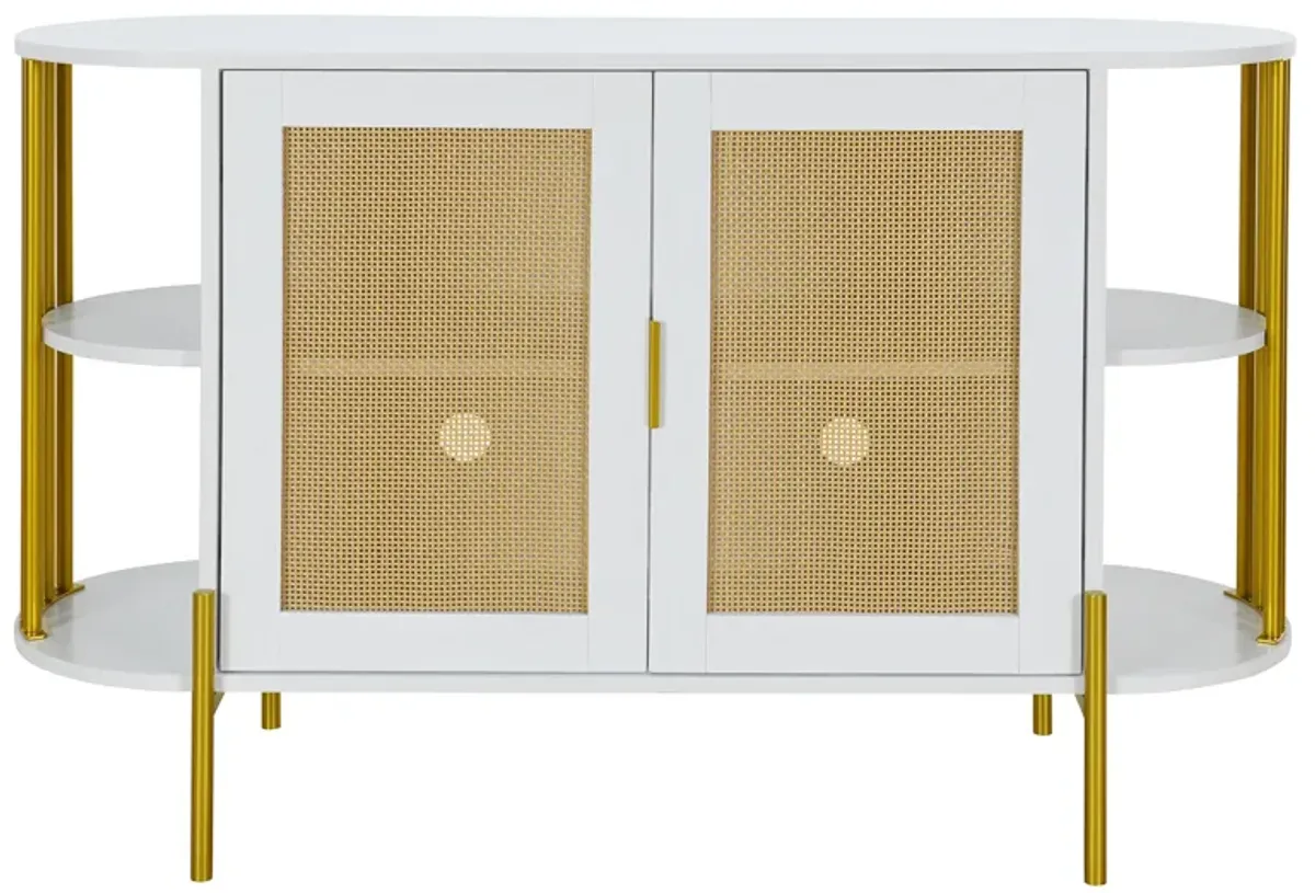 2-Door Elegant Curved Dining Cabinet with Gold Trim and Woven Rattan Doors for Dining Room