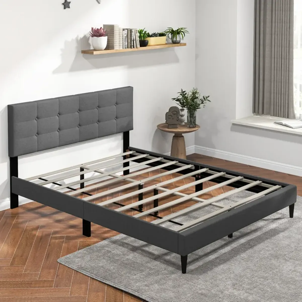 Queen Size Upholstered Platform Bed with Button Tufted Headboard