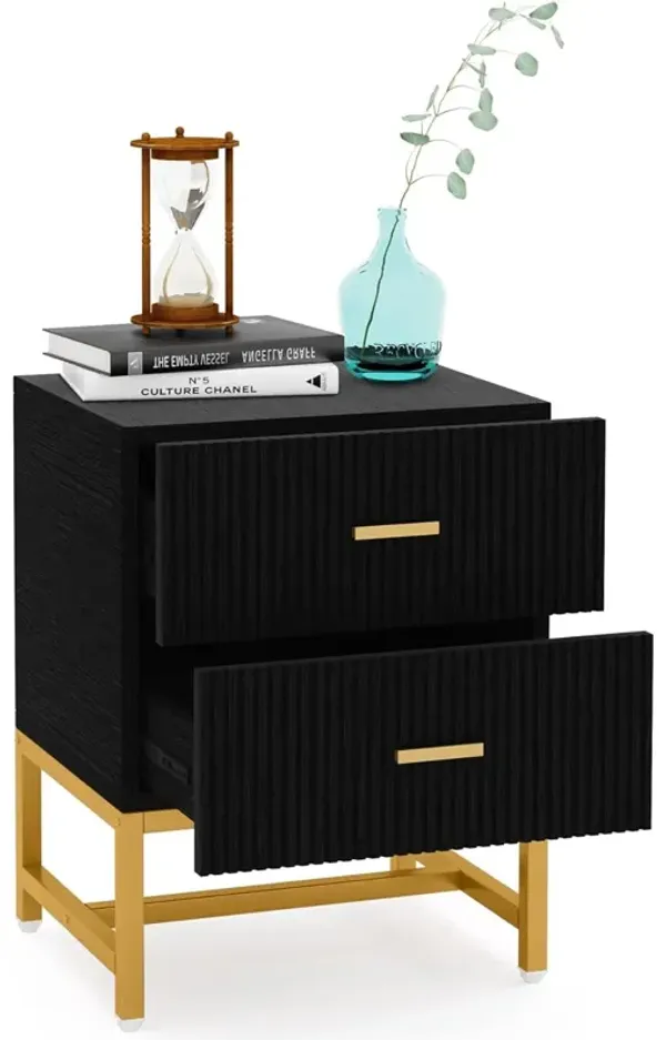 Nightstand Beadside Table Gold: Modern Night Stands Side Table with 2 Drawers, Wooden Sofa End Table with Heavy-Duty Metal Legs for Bedroom Living Room, Storage Lockers