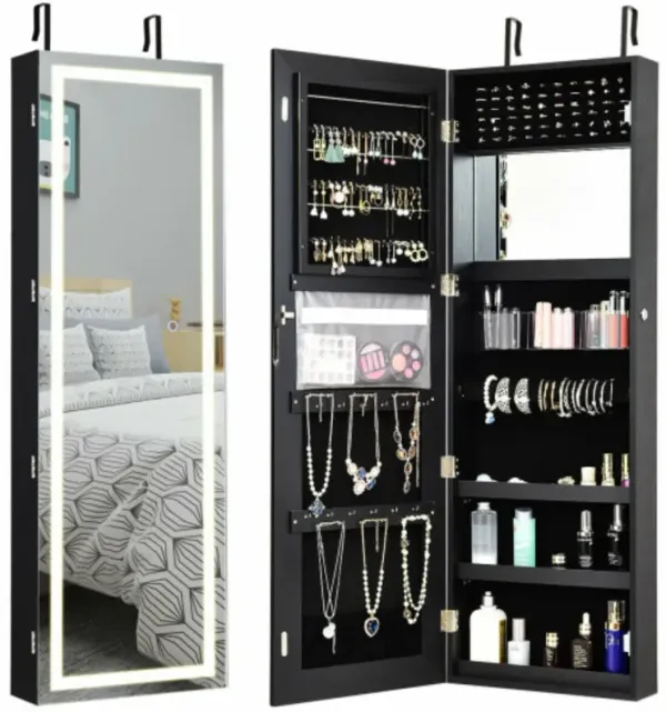 Mirrored Jewelry Armoire with Full Length Mirror and 2 Internal LED Lights