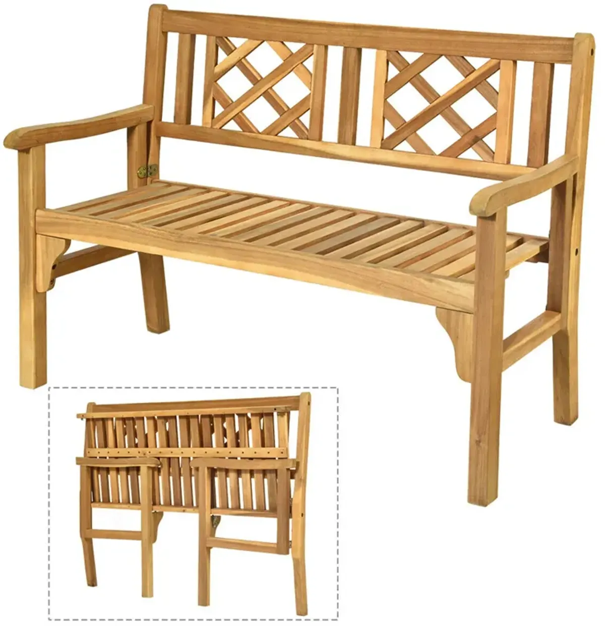 Patio Foldable Bench with Curved Backrest and Armrest