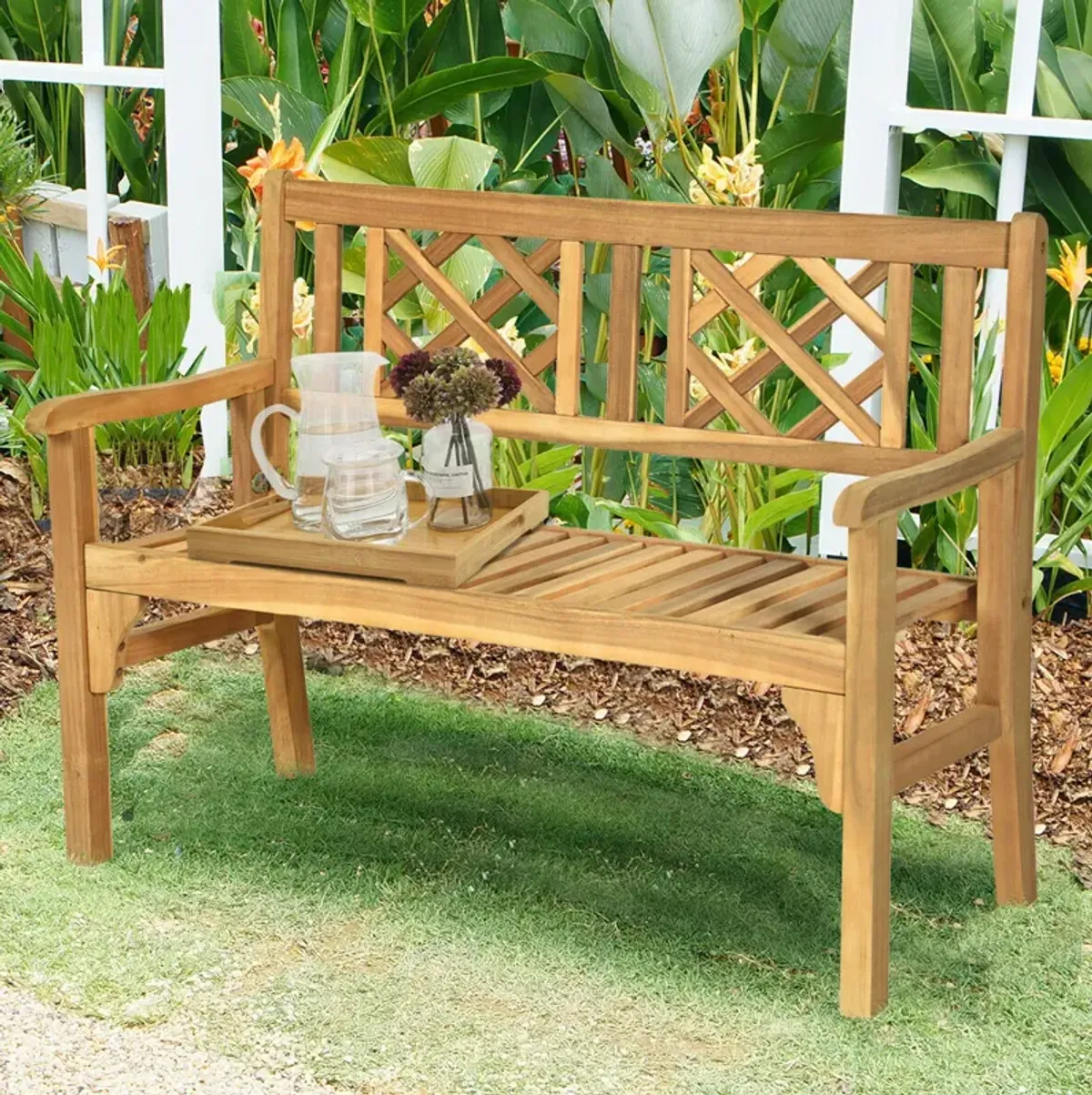 Patio Foldable Bench with Curved Backrest and Armrest