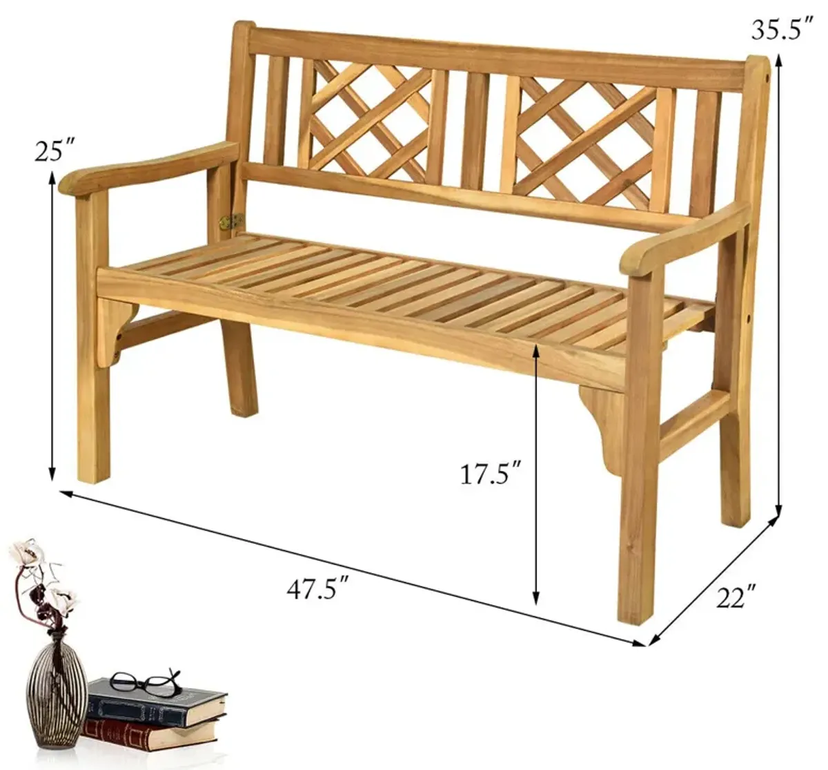 Patio Foldable Bench with Curved Backrest and Armrest