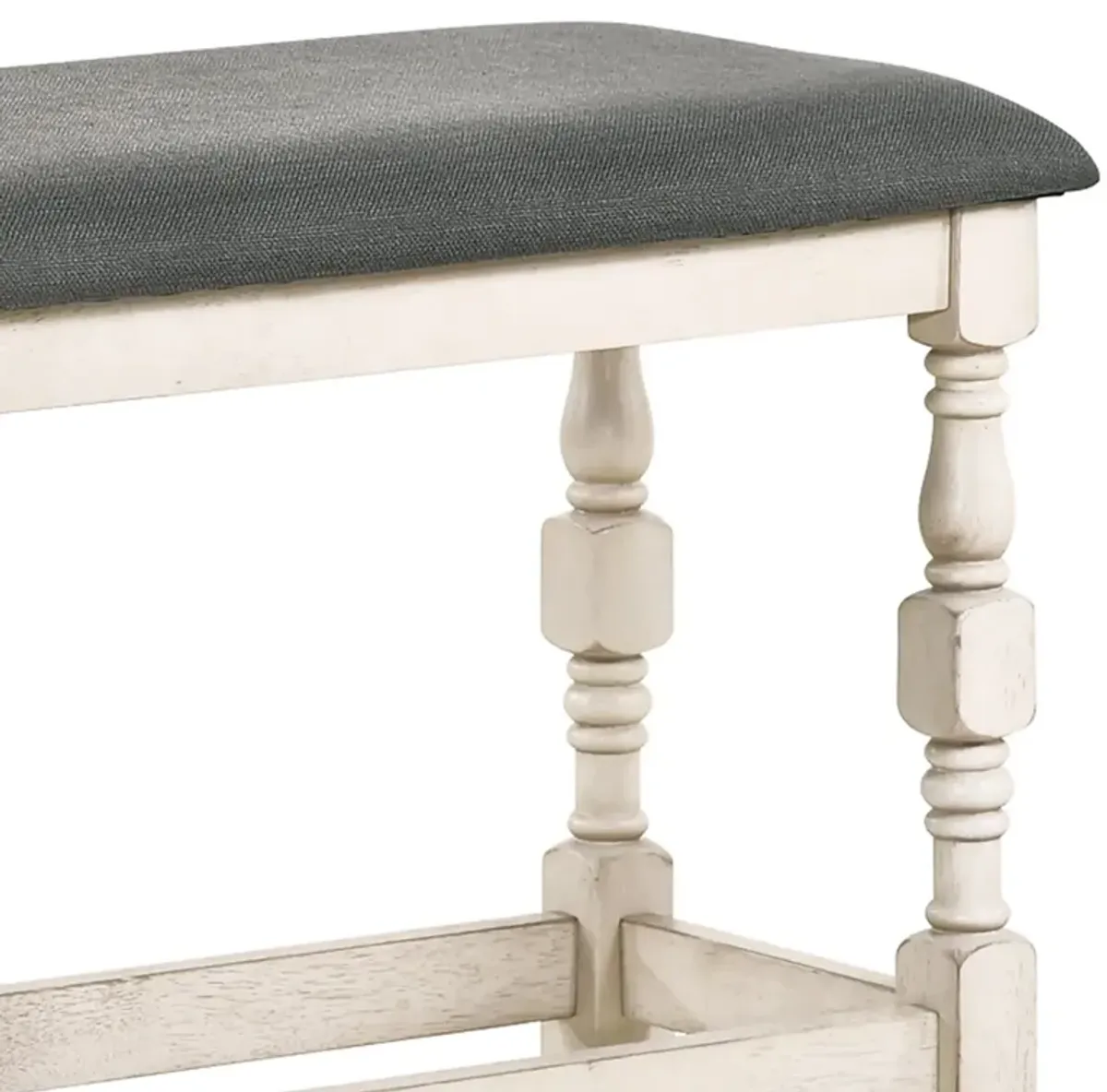 Swan 51 Inch Counter Height Bench, Gray Padded Seat, Ivory Turned Legs-Benzara