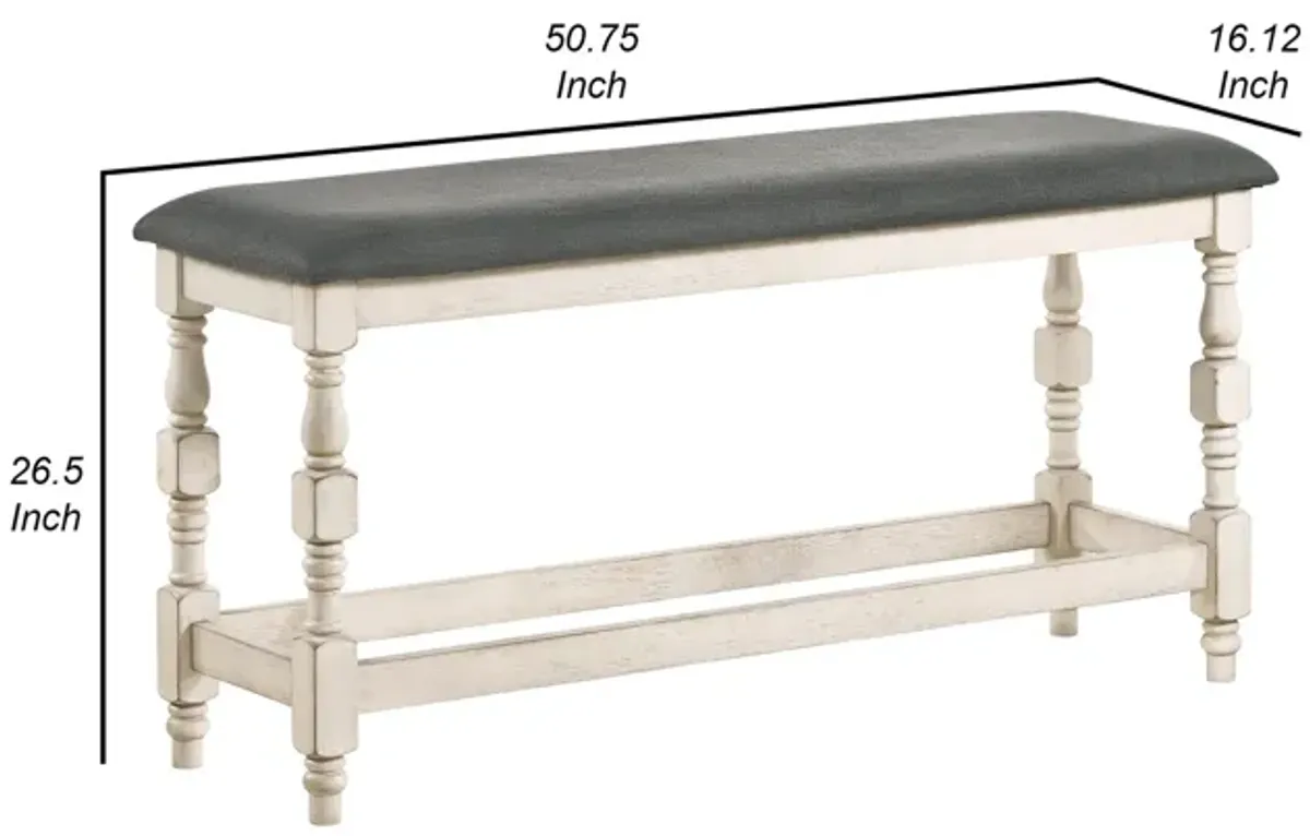 Swan 51 Inch Counter Height Bench, Gray Padded Seat, Ivory Turned Legs-Benzara