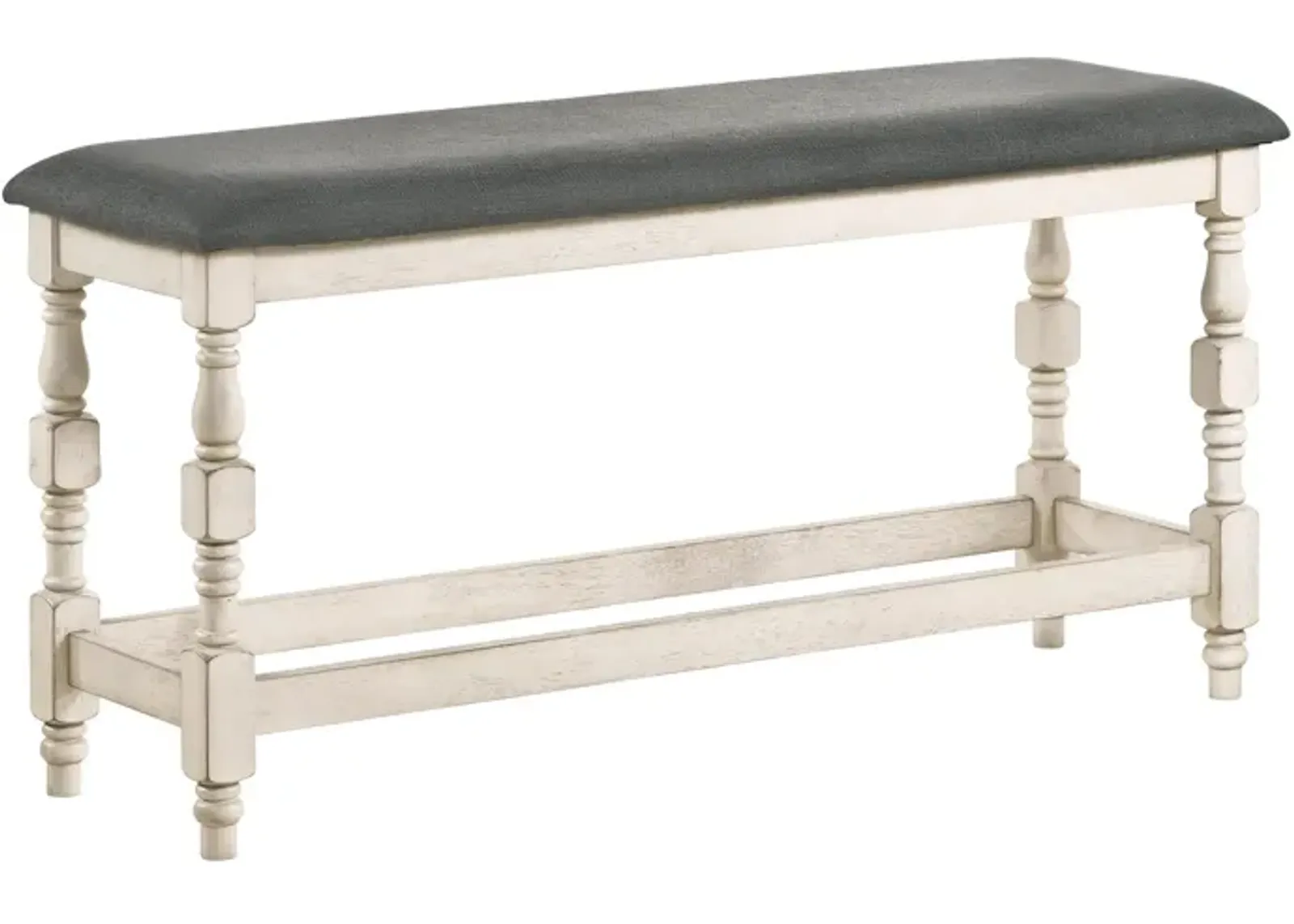 Swan 51 Inch Counter Height Bench, Gray Padded Seat, Ivory Turned Legs-Benzara