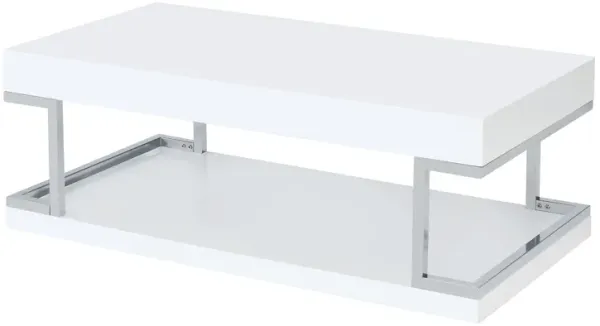 High Gloss Contemporary Coffee Table with Bottom Shelf, White and Silver-Benzara