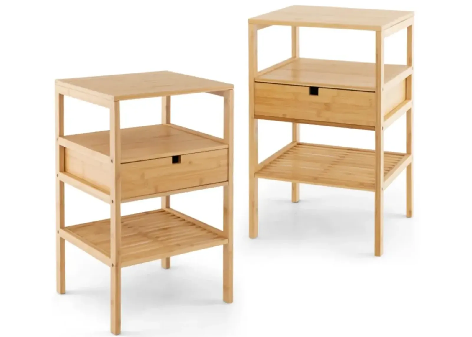 Hivvago Nightstand Set of 2 Bamboo End Table with 2 Open Shelves and Drawer