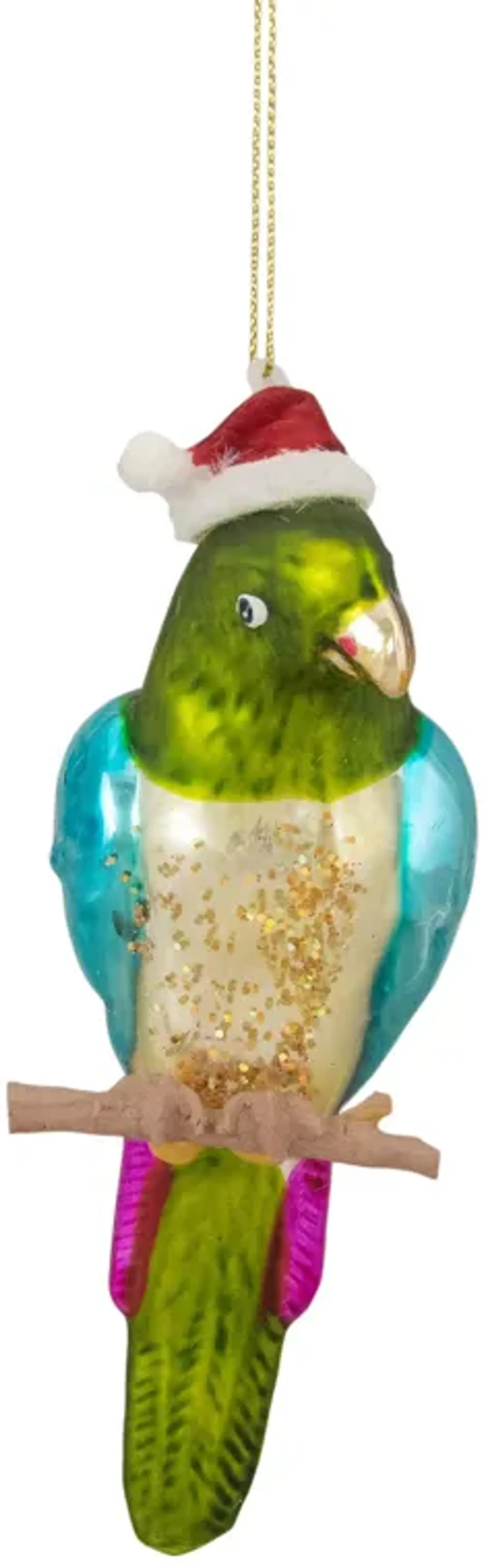 6.25" Green and Blue Parrot in a Santa Hat Glass Christmas Ornament