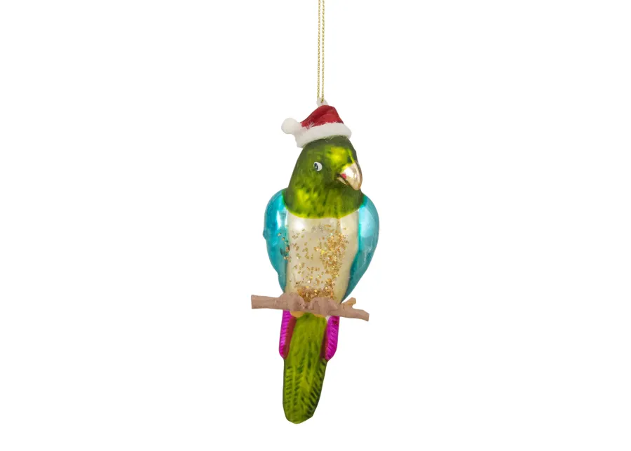 6.25" Green and Blue Parrot in a Santa Hat Glass Christmas Ornament