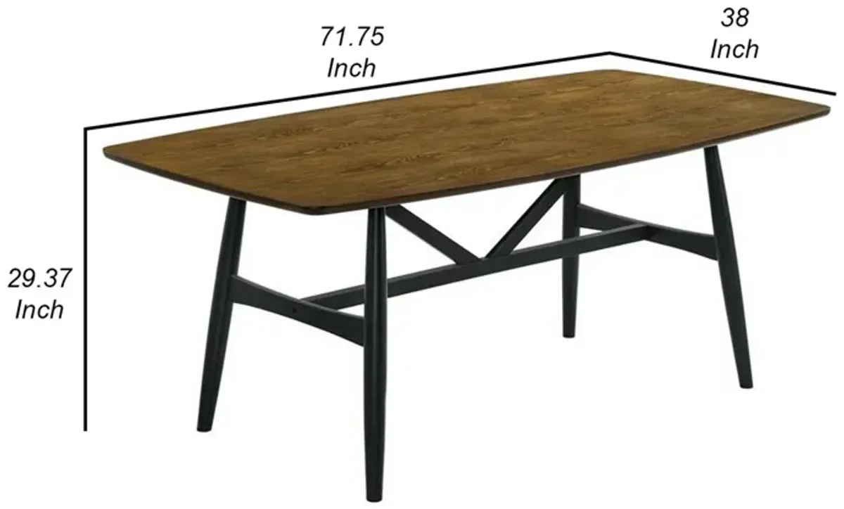 Riera 72 Inch Two Tone Dining Table, Brown Plank Top, Black Trestle Base  - Benzara