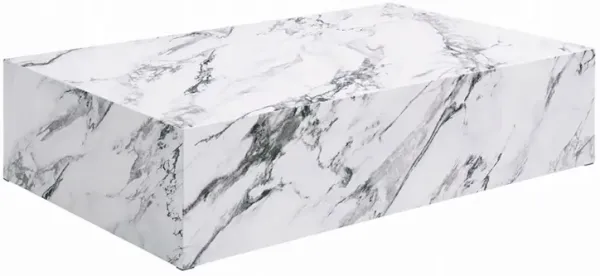 Ritzy Coffee Table, Modern Plinth, White Gray Faux Stone, 48 Inch