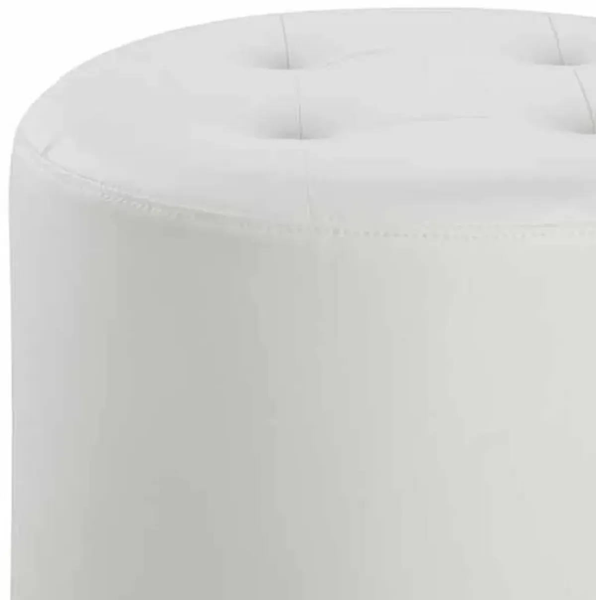 18 Inch Round Swivel Ottoman, Vegan Faux Leather, Tufted Seat, White, Chrome-Benzara