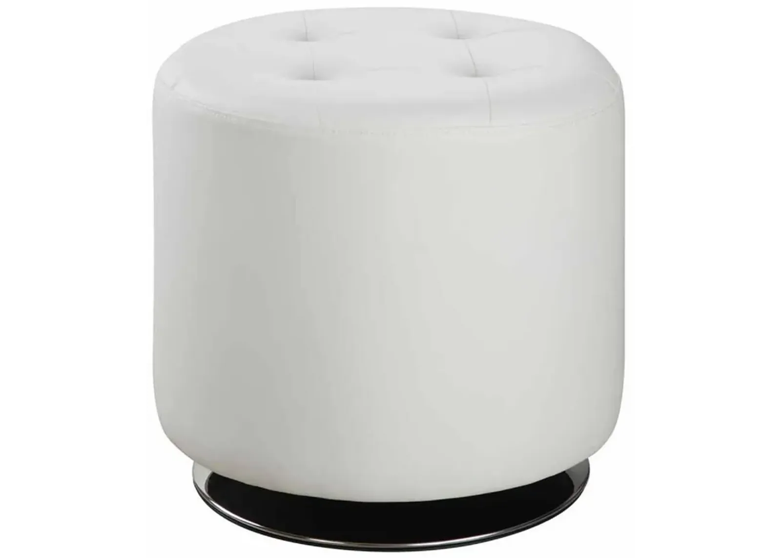 18 Inch Round Swivel Ottoman, Vegan Faux Leather, Tufted Seat, White, Chrome-Benzara