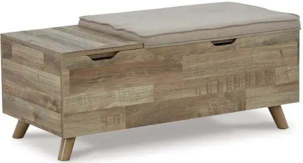 Gimi Storage Bench, Light Brown Wood, Beige Polyester Foam Cushion, 39 Inch - Benzara