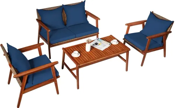 4-Piece Acacia Wood and Rattan Patio Furniture Set for Outdoor Seating