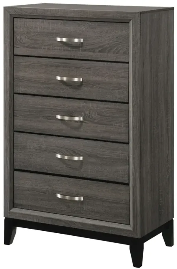 5 Drawer Transitional Chest with Chamfered Feet and Curved Handles, Gray - Benzara