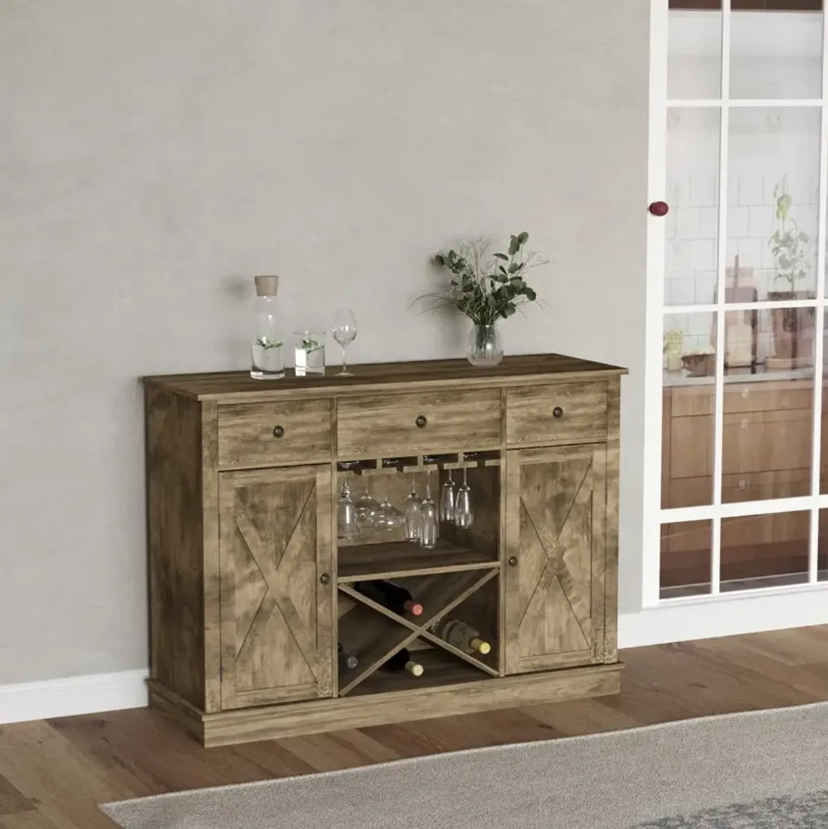 Rustic Oak Storage: Farmhouse Buffet with Wine Rack and Drawers