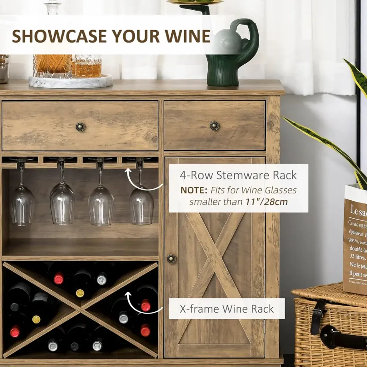 Rustic Oak Storage: Farmhouse Buffet with Wine Rack and Drawers