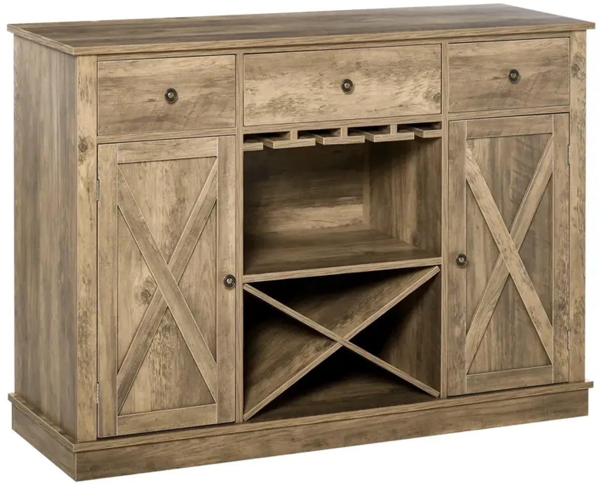 Rustic Oak Storage: Farmhouse Buffet with Wine Rack and Drawers