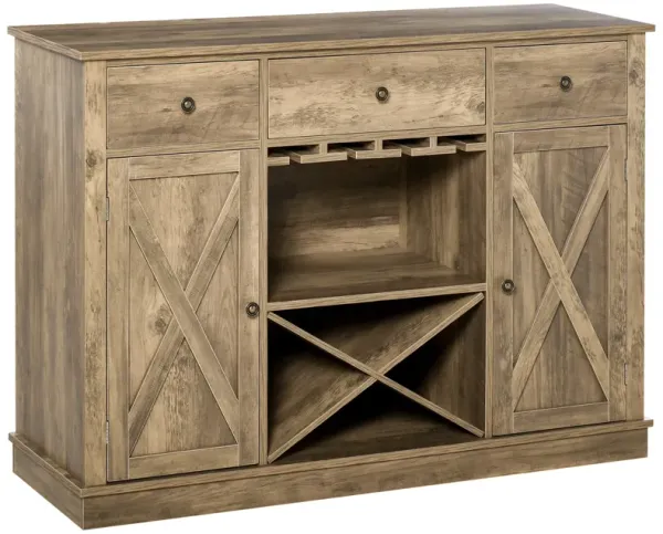 Rustic Oak Storage: Farmhouse Buffet with Wine Rack and Drawers