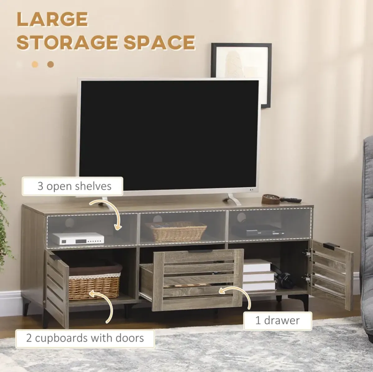 Gray Media Console: TV Stand for 65" TVs with Drawers & Shelves