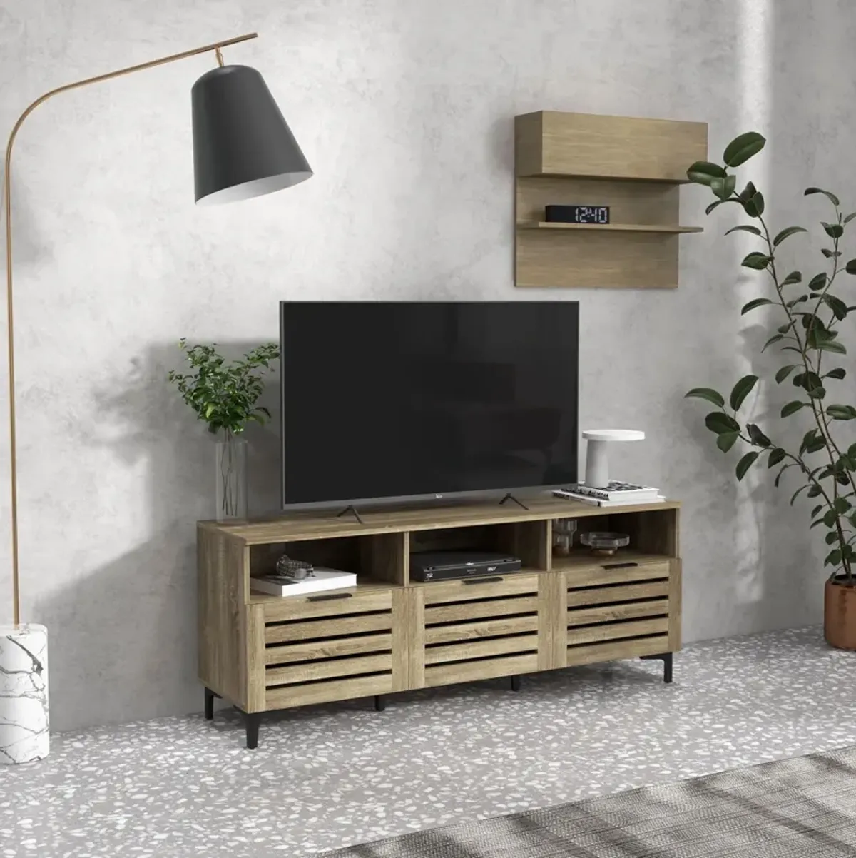 Gray Media Console: TV Stand for 65" TVs with Drawers & Shelves