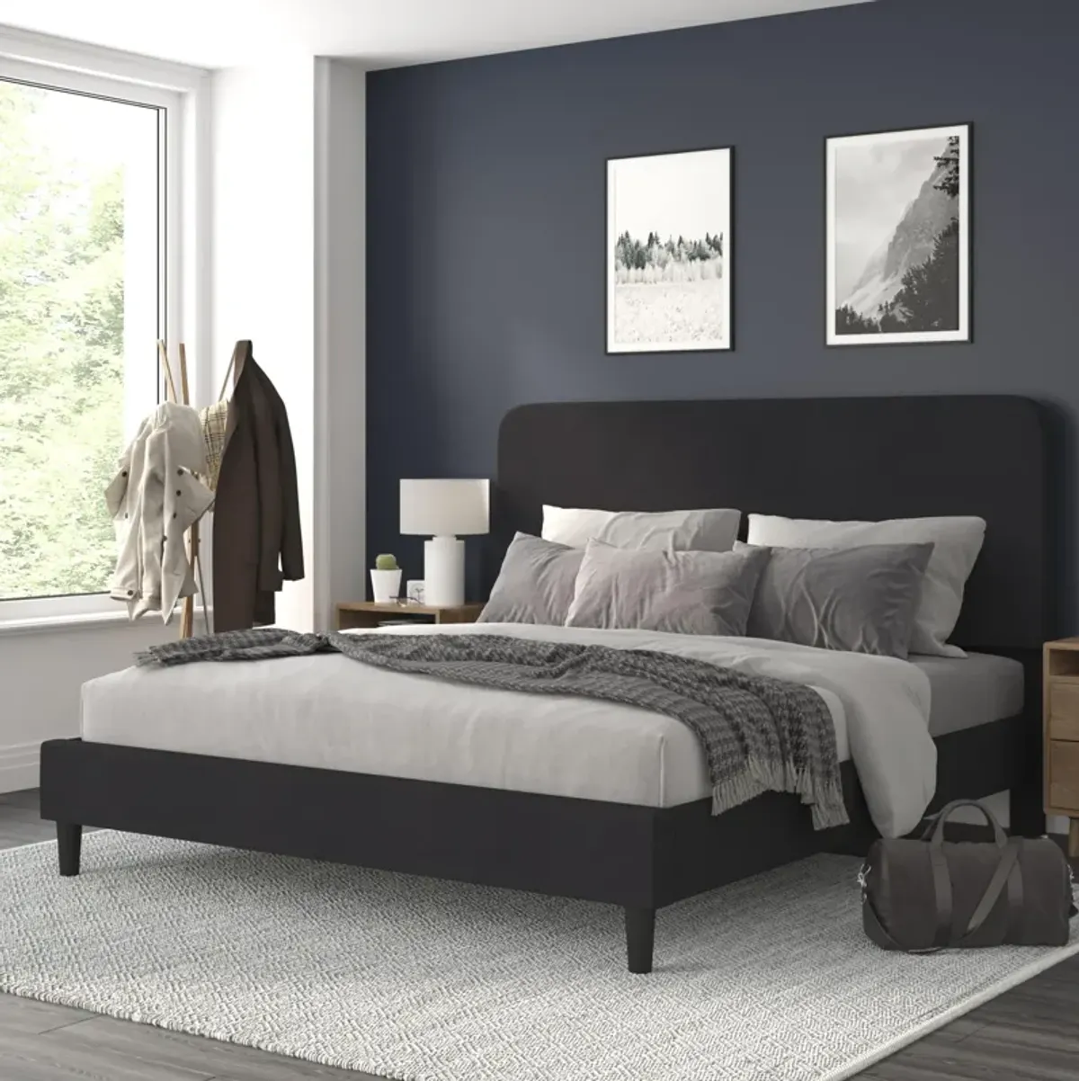 Flash Furniture Addison Platform Bed - Charcoal Fabric Upholstery - King - Headboard with Rounded Edges - Wood Slat Support - No Box Spring or Foundation Needed