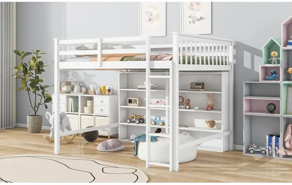 Full Size Loft Bed With 8 Open Storage Shelves And Builtin Ladder, White