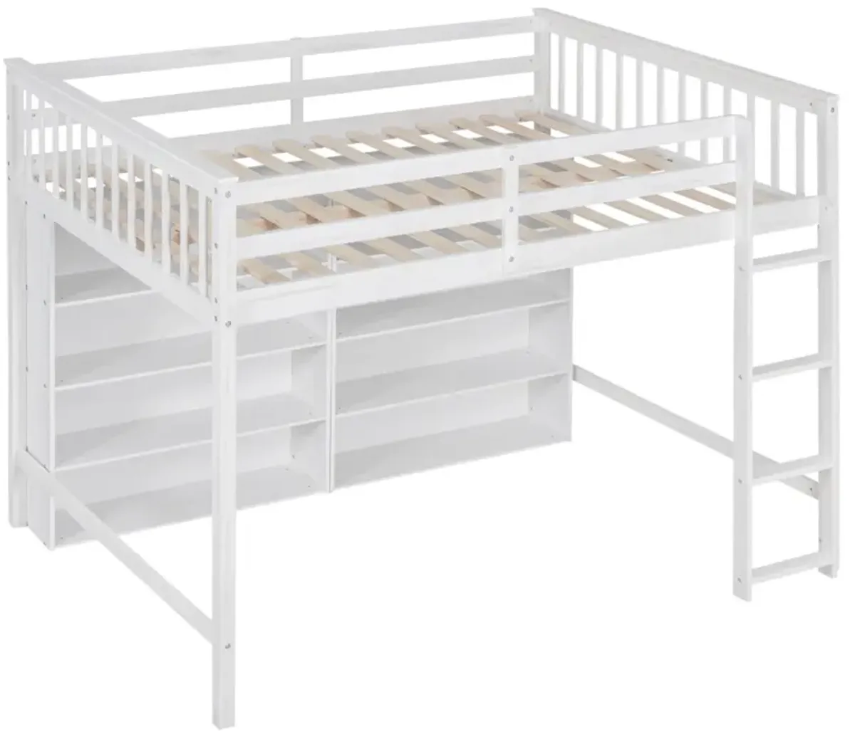 Full Size Loft Bed With 8 Open Storage Shelves And Builtin Ladder, White