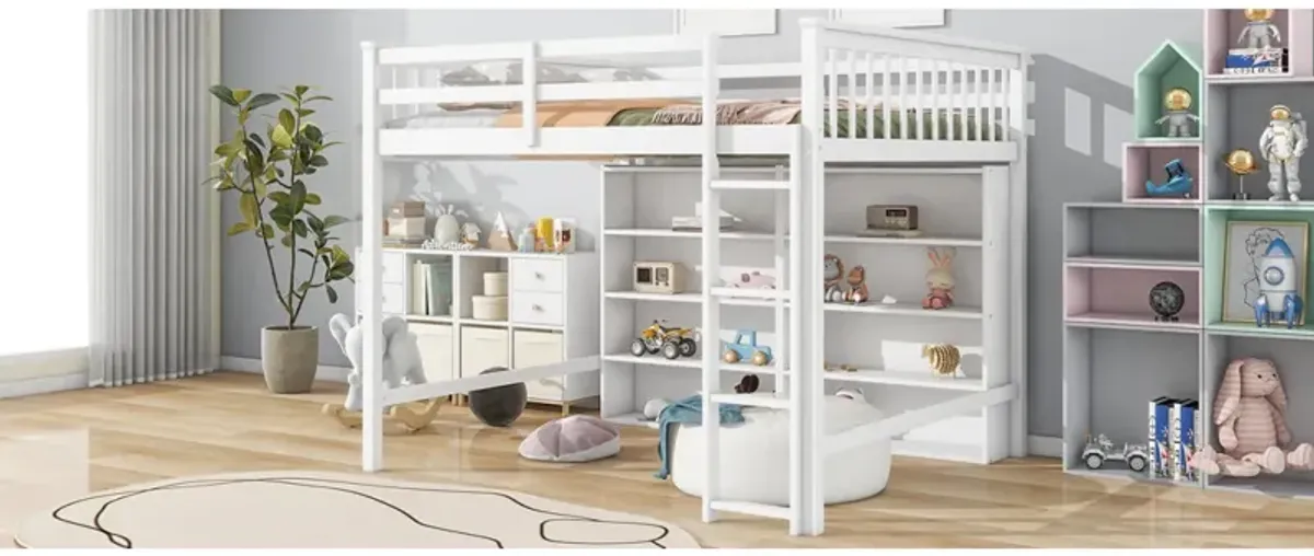 Full Size Loft Bed With 8 Open Storage Shelves And Builtin Ladder, White