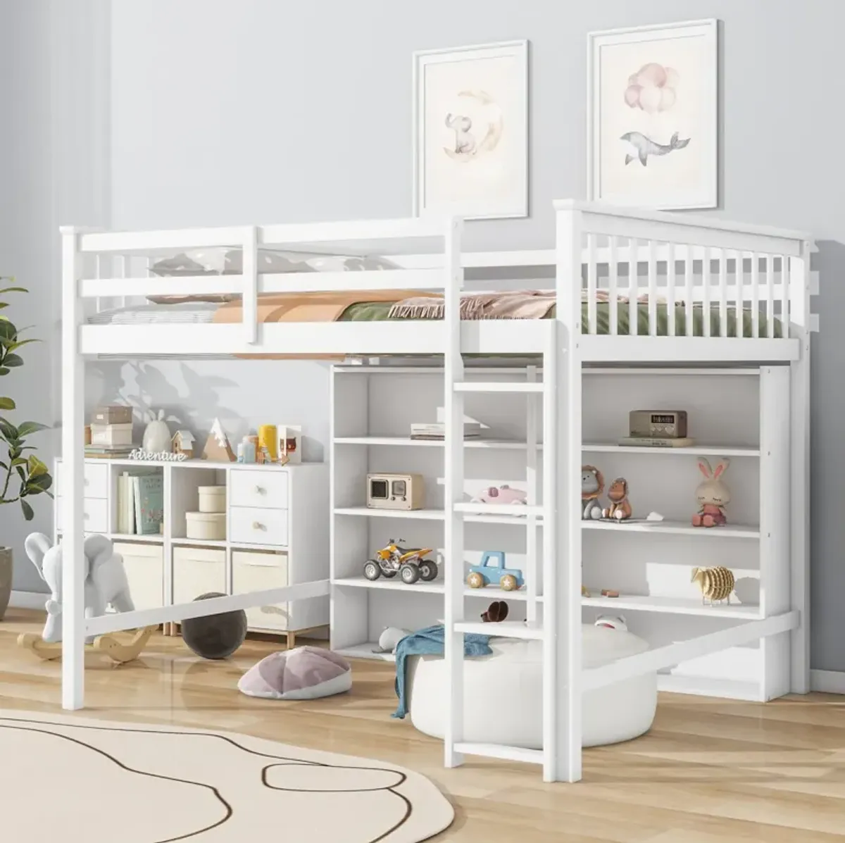 Full Size Loft Bed With 8 Open Storage Shelves And Builtin Ladder, White